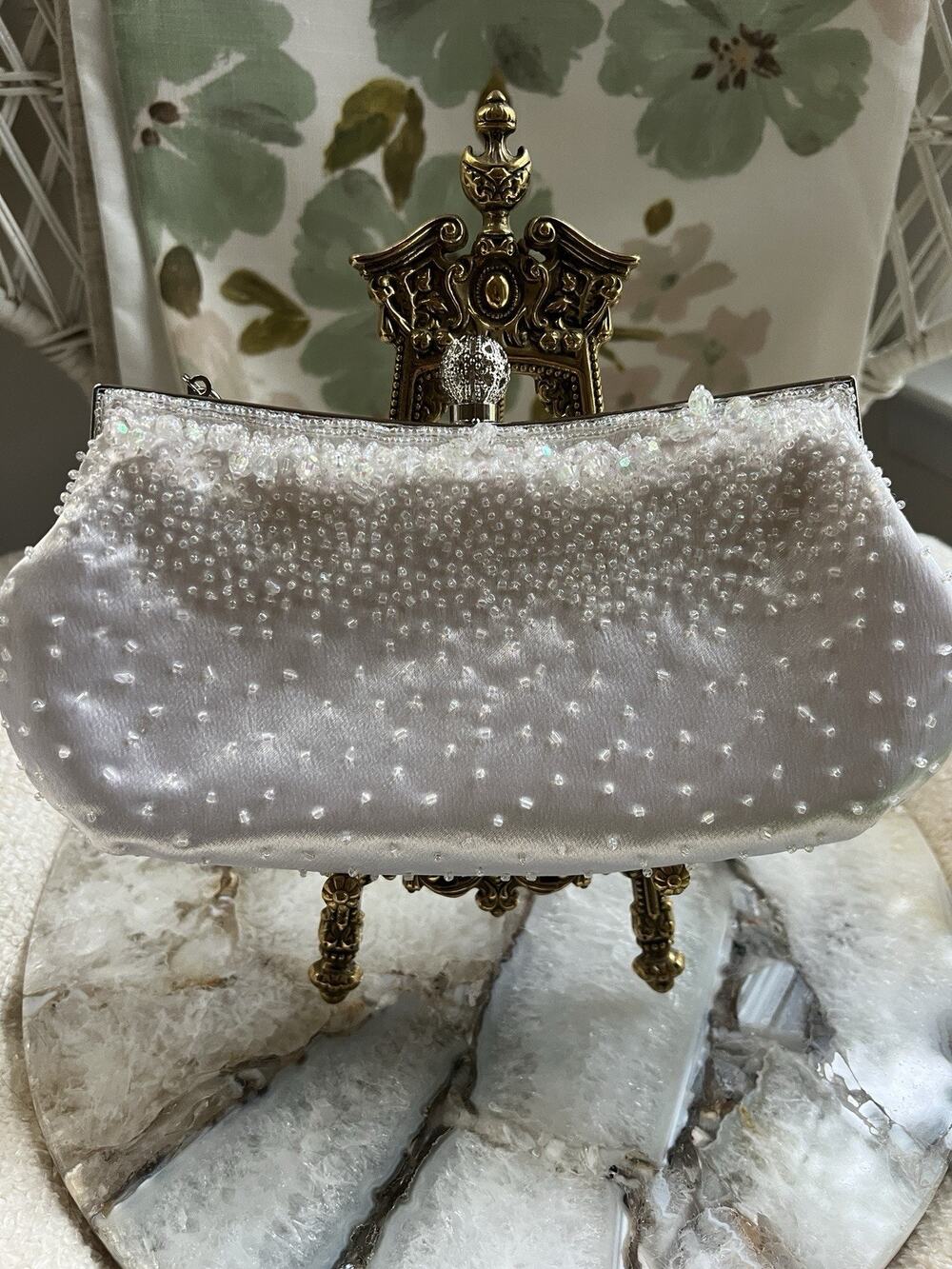 Carlo Fellini White Satin Bridal Clutch Purse Crystal Beaded Evening Bag Silver